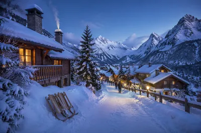 Cozy Snow Capped Mountain Village at Blue Hour