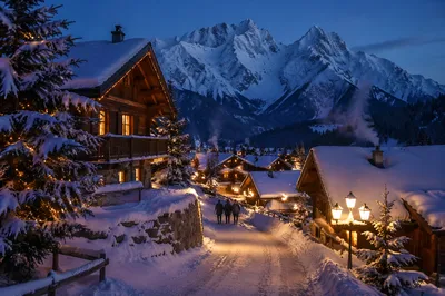 Cozy Winter Mountain Village at Blue Hour