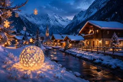 Cozy Alpine Village at Blue Hour