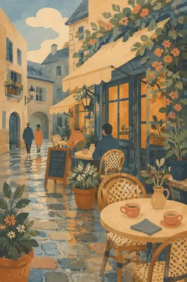 Charming European Street Cafe at Dawn