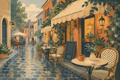 Charming European Street Cafe at Dawn