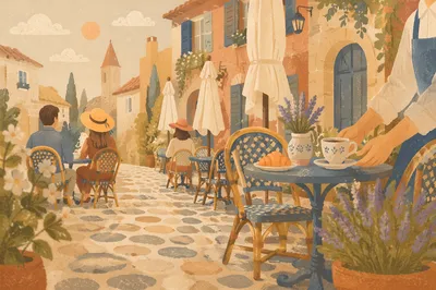 Charming European Street Cafe at Sunrise