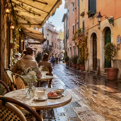Charming European Street Cafe at Sunrise