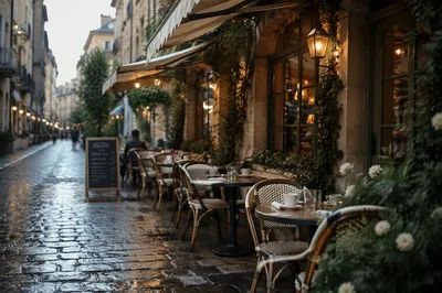 Charming European Street Cafe at Dawn