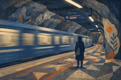 Blue Metro Train in Cave Tunnel
