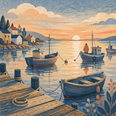 Sunrise Fishing Boats on Calm Harbor