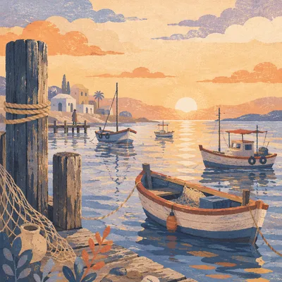 Sunrise Fishing Boats on Calm Harbor
