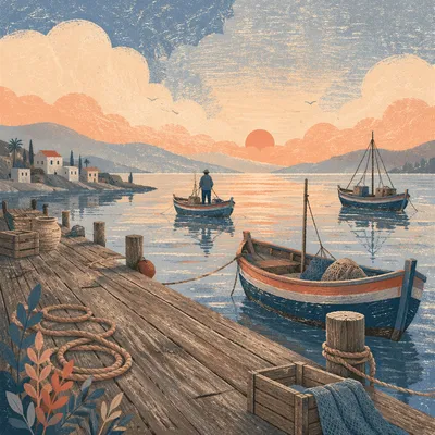 Sunrise Fishing Boats on Quiet Harbor