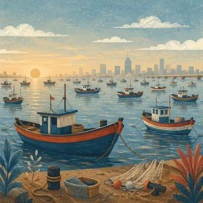 Sunrise Fishing Boats on Calm Harbor