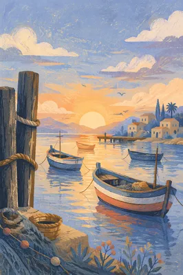 Sunrise Fishing Boats on Calm Harbor