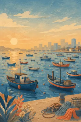 Sunrise Fishing Boats on Calm Harbor