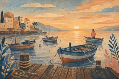 Sunrise Fishing Boats on Calm Harbor