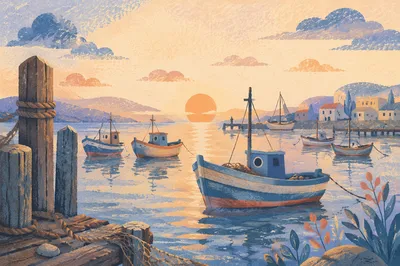 Sunrise Fishing Boats on Calm Harbor
