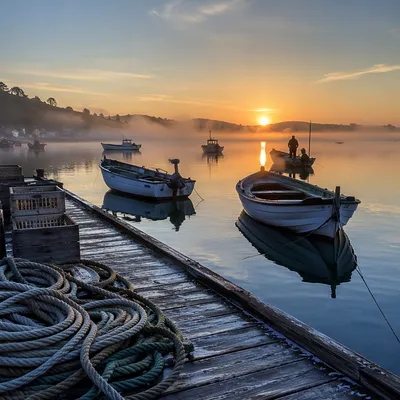 Sunrise Fishing Boats on Calm Harbor