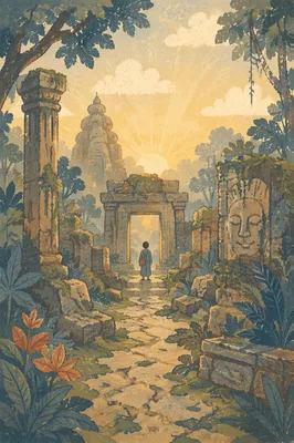 Golden Sunrise Over Ancient Temple Ruins