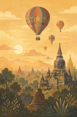 Sunrise Balloons Above Ancient Temple Ruins