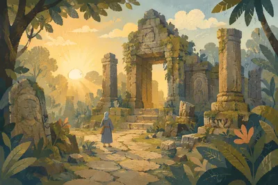Golden Sunrise Over Ancient Temple Ruins
