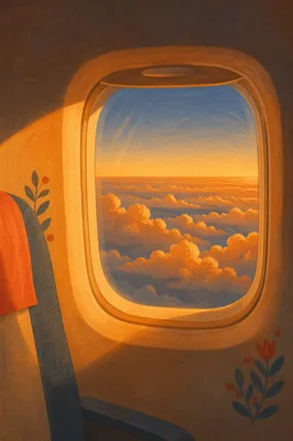 Golden Sunset Clouds Through Airplane Window