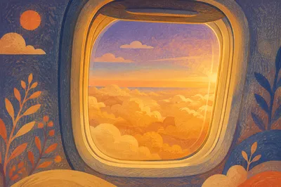 Sunset Airplane Window Over Golden Clouds
