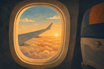 Sunset Airplane Window Above Golden Clouds