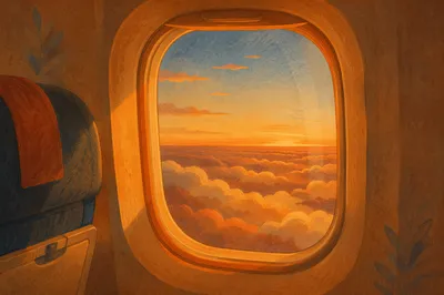 Golden Sunset Clouds Through Airplane Window