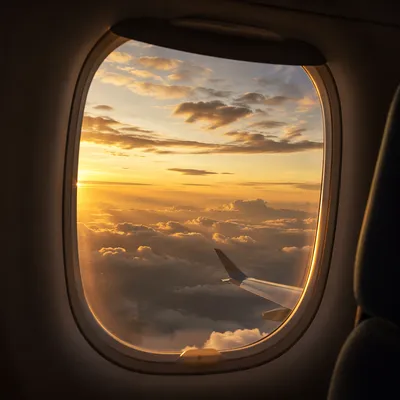 Golden Sunset Through Airplane Window