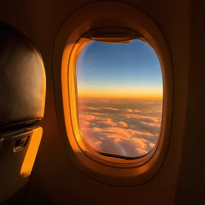 Golden Sunset Clouds Through Airplane Window