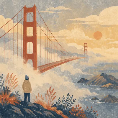 Foggy Sunrise Suspension Bridge Over Coastal Bay