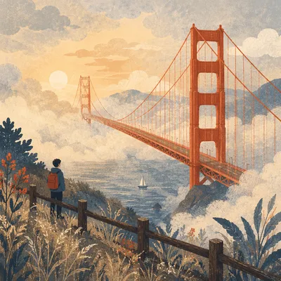 Misty Golden Sunrise Suspension Bridge View