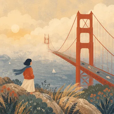 Foggy Vermilion Suspension Bridge at Dawn