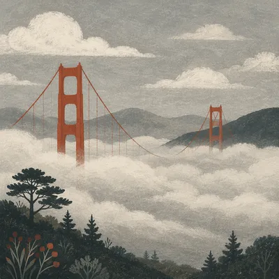 Golden Gate Style Bridge in Coastal Fog