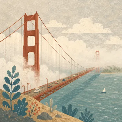 Misty Rust Red Suspension Bridge Over Bay