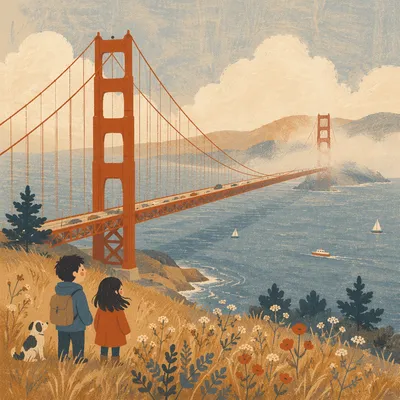Foggy Coastal Suspension Bridge at Sunset