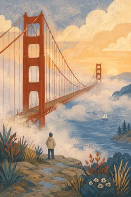 Foggy Sunrise Suspension Bridge Over Coastal Bay