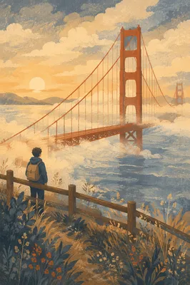 Misty Golden Sunrise Over Suspension Bridge