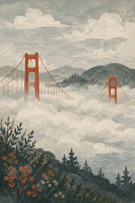 Golden Gate Style Bridge Above Fog