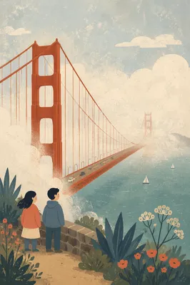 Misty Rust Red Suspension Bridge View