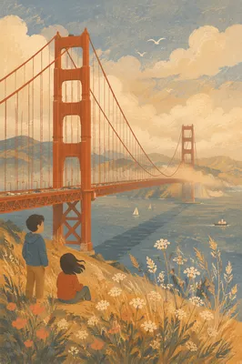 Foggy Coastal Suspension Bridge at Sunset
