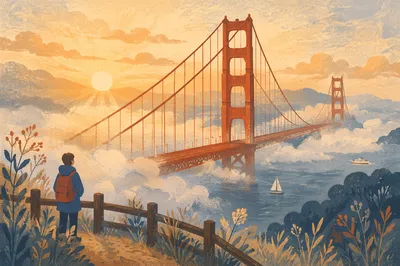 Misty Sunrise Suspension Bridge Overlook