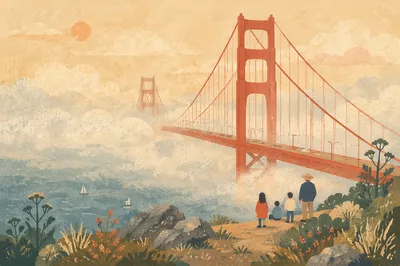 Foggy Vermilion Suspension Bridge at Dawn