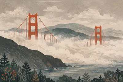 Golden Gate Style Bridge Above Fog