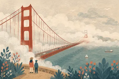 Misty Rust Red Suspension Bridge View