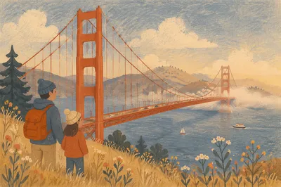 Foggy Coastal Suspension Bridge at Sunset