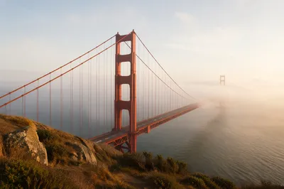 Foggy Vermilion Suspension Bridge at Dawn