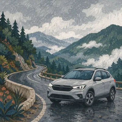 Silver SUV on Misty Mountain Road