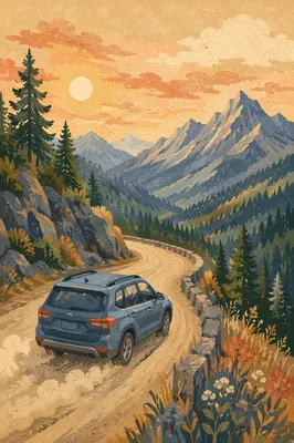 SUV Adventure on Mountain Road at Sunset