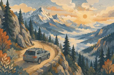 SUV on Mountain Road at Golden Hour