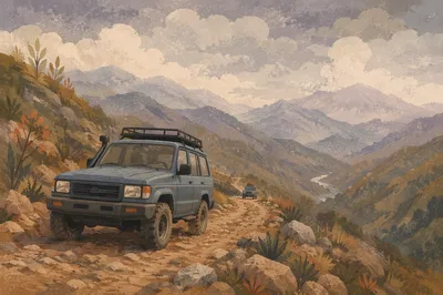 Rugged SUV on Misty Mountain Trail