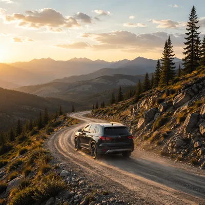 SUV Adventure on Mountain Road at Golden Hour