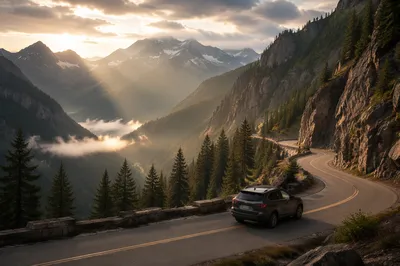 SUV on Mountain Road at Golden Hour
